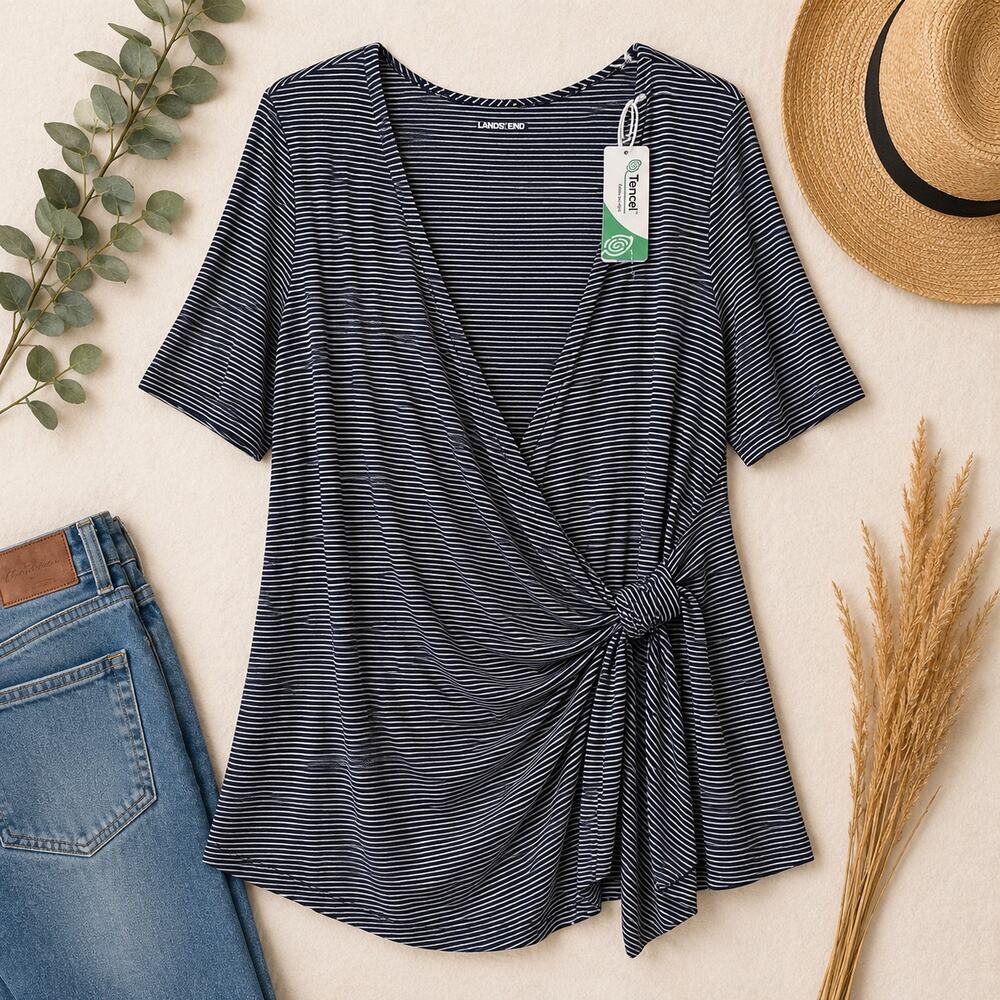 Lands’ End Navy & White Striped Faux Wrap Top XL NWT